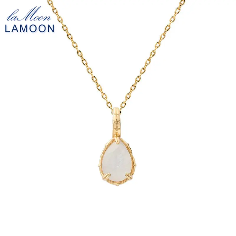 LAMOON Natrual Chalcedony Gemstone Mini Water Drop Pendant Necklace For Women 925 Sterling Silver Gold Vermeil Fine Jewelry