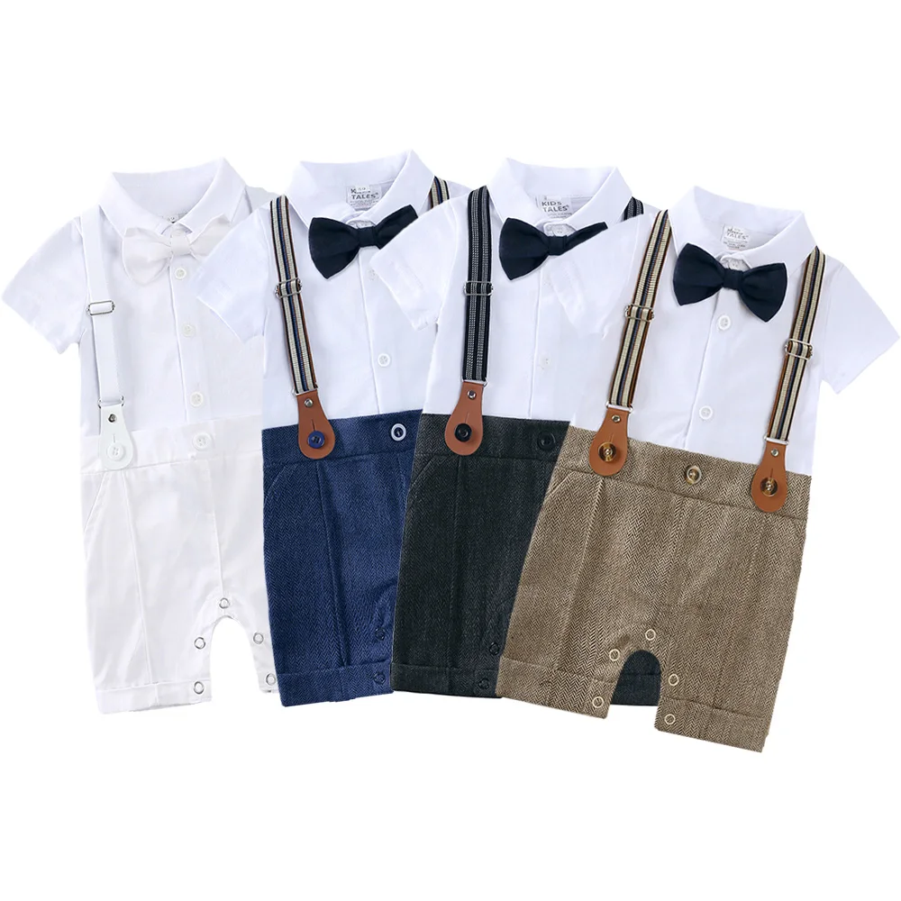 

2023 Formal Shirt Bow Tie Romper+Vest+Hat Newborn Dress Infant Baby Boys Clothes Set 3 Pcs Gentleman Party Suit School Outfits