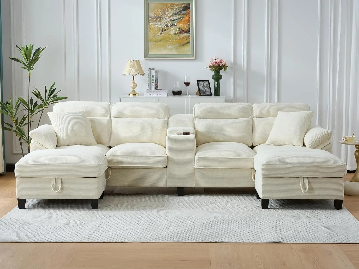 U Shaped Modular Sectional Sofa Comfy Corduroy 6 Seat With USB Console Ottoman For Living Room, Customized