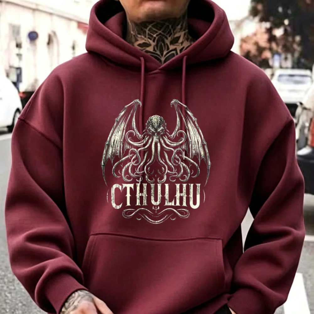 Vintage Distressed Winged Cthulhu Octopus Graphic Hoodie Lovecraft Horror Myth Print Pullover Hooded Sweatshirt Gothic Hooded