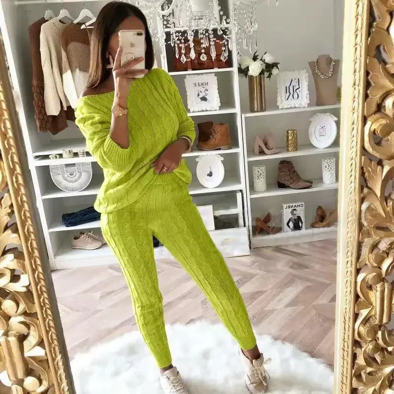 2024 New Autumn Winter Women Knitted Tracksuit Two Piece Set Female Sweater Tops + Elastic Waist Pant Knitted Suit Women Outfits