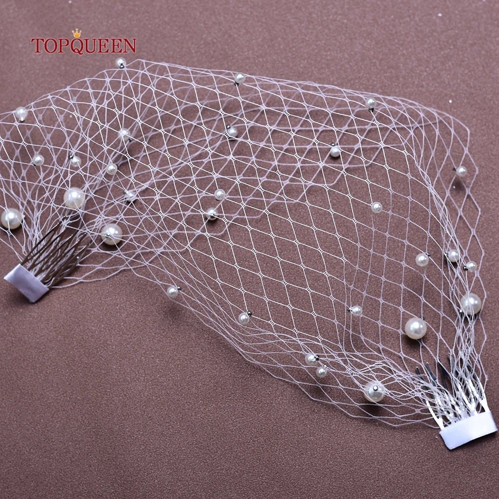 TOPQUEEN VA05 Russian Veiling Birdcage Veil Blusher Veil Hand Applied Pearl Beads Pearl Adorned Bandeau Russian Tulle Cage Veil