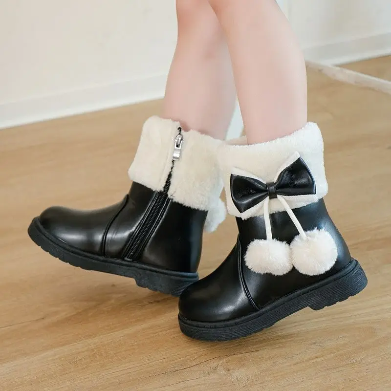 Girls Winter 2026 New Korean Style Fleece Lined Leather Ankle Boots for Students Cotton Princess Boots