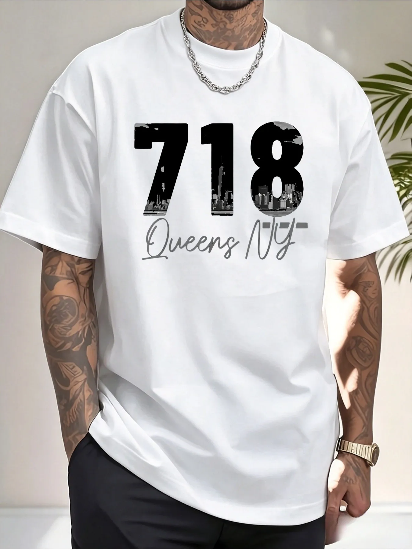Vintage Queen's Park New York Skyline 718 Area Code Printed T-Shirt Unisex Soft Breathable Round Neck Short Sleeve Black Background White Print Casual Comfortable Fit Machine Washable New York City Administrative Area Pride Apparel 01