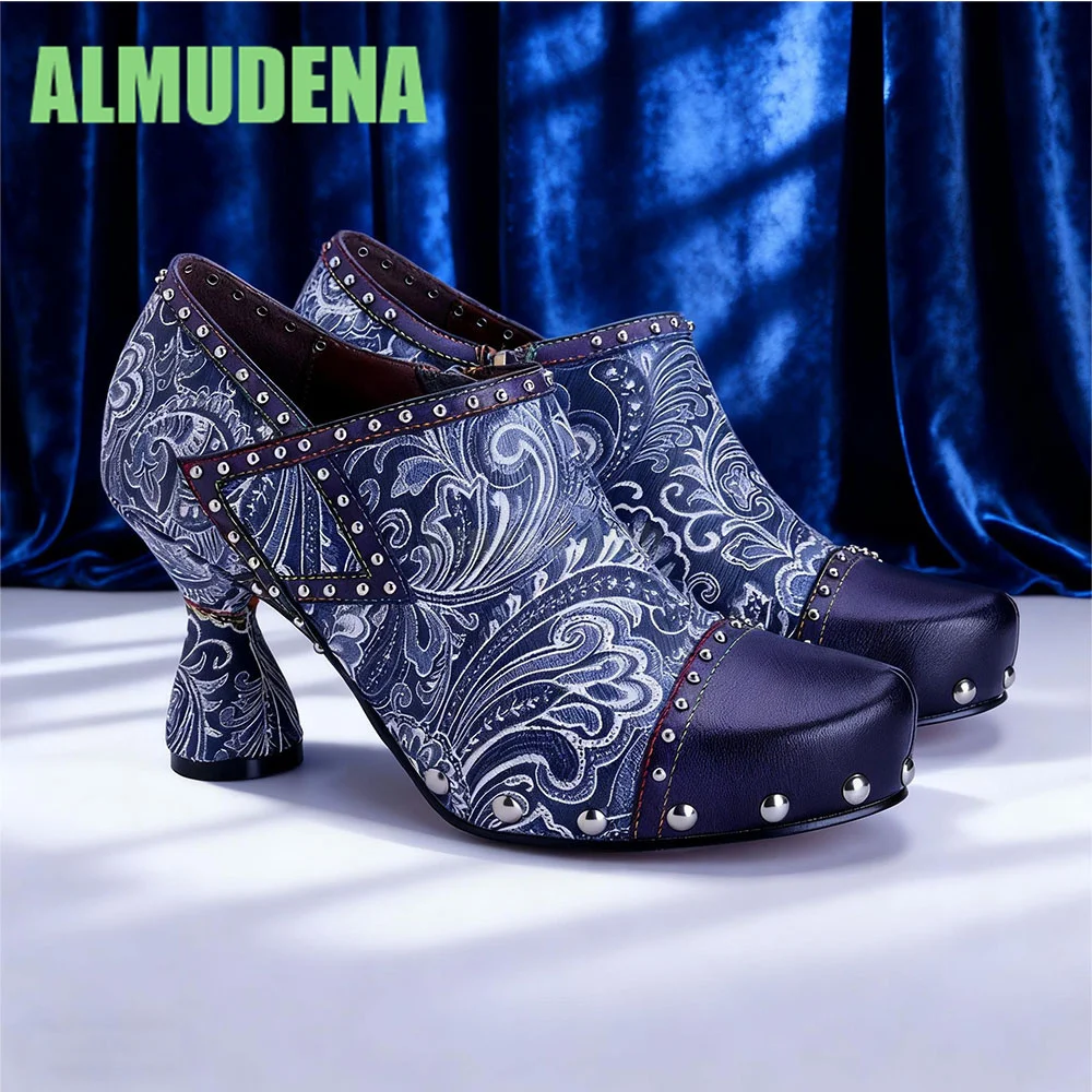 Blue and White Porcelain Style Short Boots Leather Splicing and Rivet Decoration Opposite Sex Heel Side Zipper Women's Boots