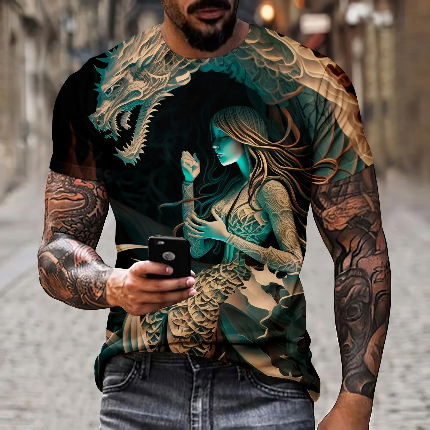 Men\'s T-shirt with 3D dragon and lion print novel Chinese style short sleeved couple fashion top street clothing birthday gift