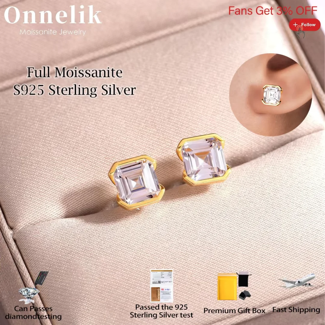 

Onnelik D VVS1 1CT Asche Moissanite Edge-covered Earring 925 Sterling Silver for Women Men Party Wedding Birthday Fine Jewelry