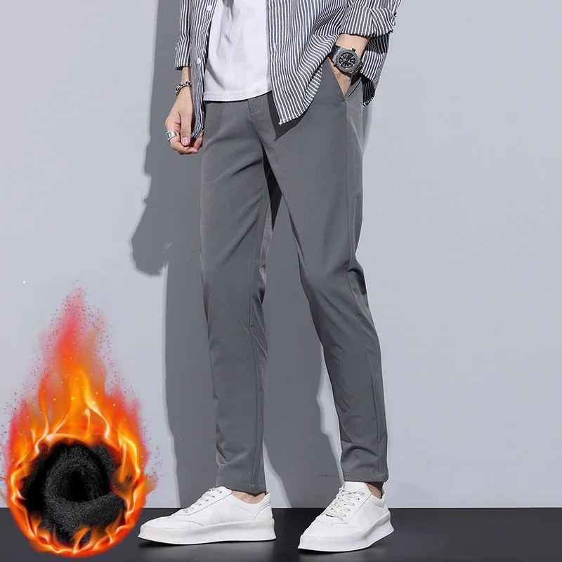 

Winter Slim Fleece Casual Men's Pants Plush Fashion Korean Thickened Trousers Velvet Male Clothing Warm Business Pants