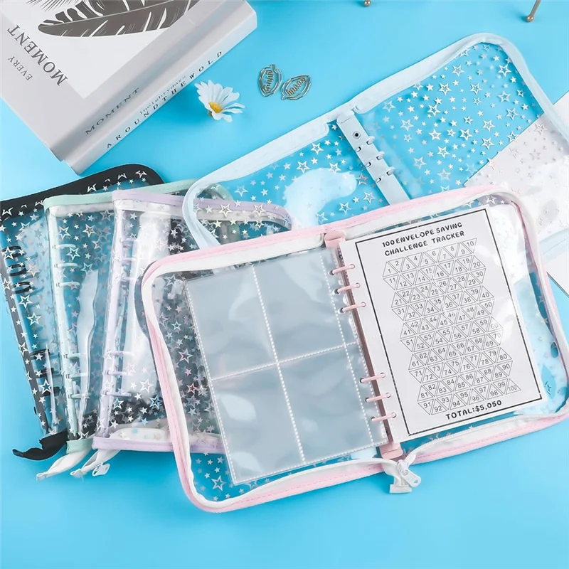A19E-A5 Budget Binder Cover With Zipper, Glitter Stars A5 6 Ring Binder Planner, Clear PVC Refillable Notebook Shell