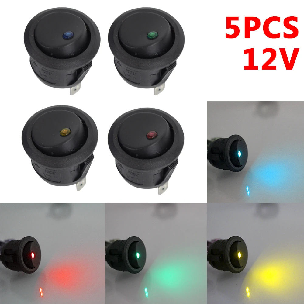 Car Pushbutton Switch LED Light Luminescence Toggle Switches 12V ON/OFF 5Pcs/Set Round Rocker Dot Switch