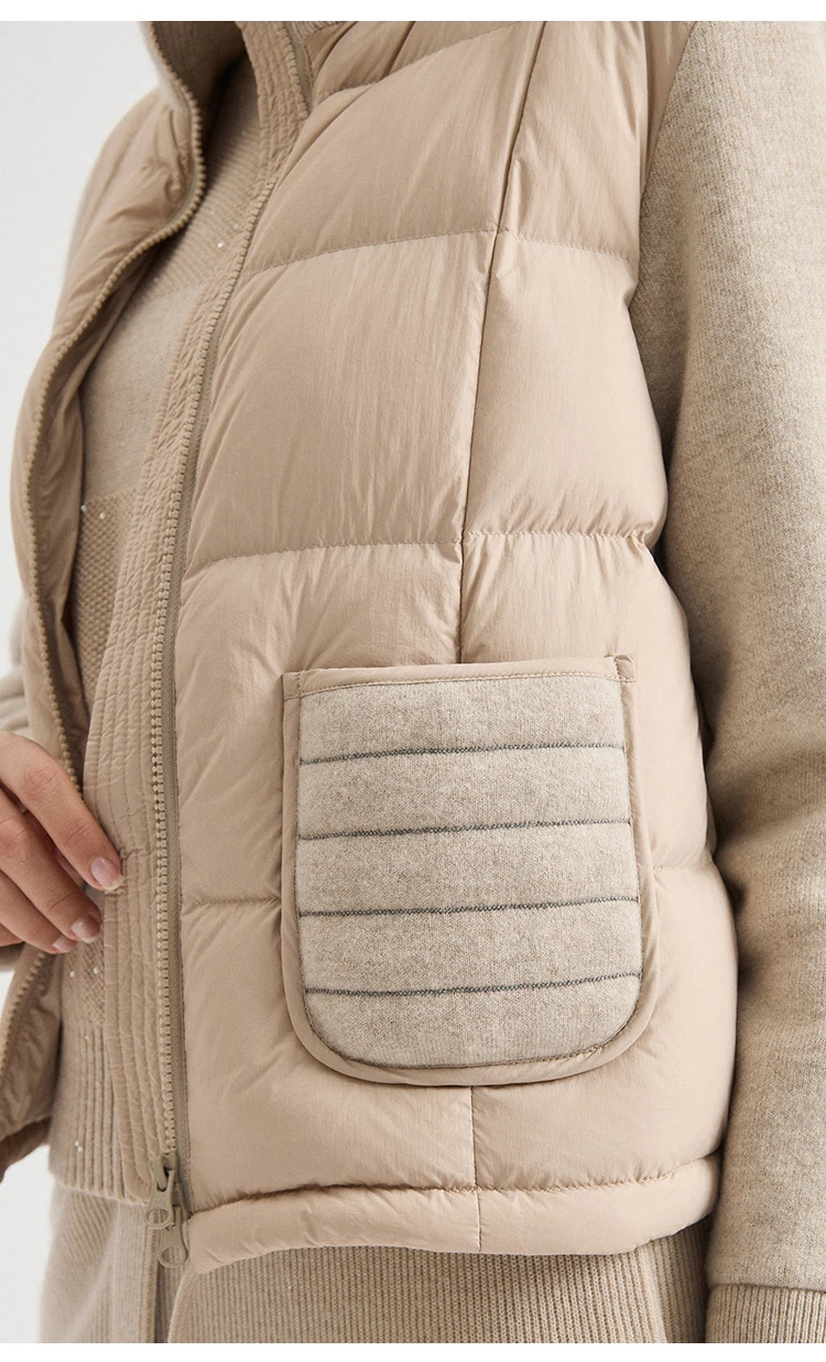 BD3621736 Women's Pure Wool Knit Hybrid Goose Down Jacket Chain Trim Pockets Stand Collar Two-Way Zip Old Money Early Autumn