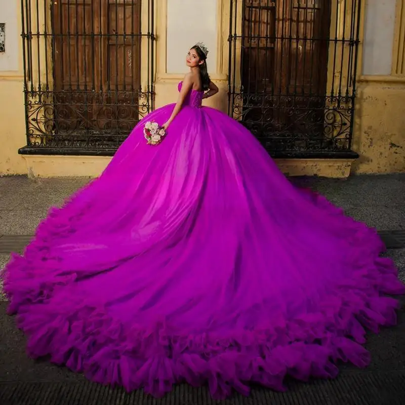 Vestido Quinceanera roxo Corset Party Dresses, Sem mangas Beading Ruffles vestido de baile, Doce 15 Anos Vestidos, Querida