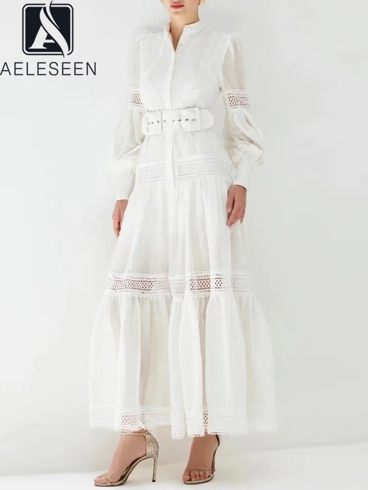 

AELESEEN Elegant Long Dress For Women Runway Fashion Lantern Sleeve Stand Hollow Out Patchwork Loose Belt Solid Party Vacation