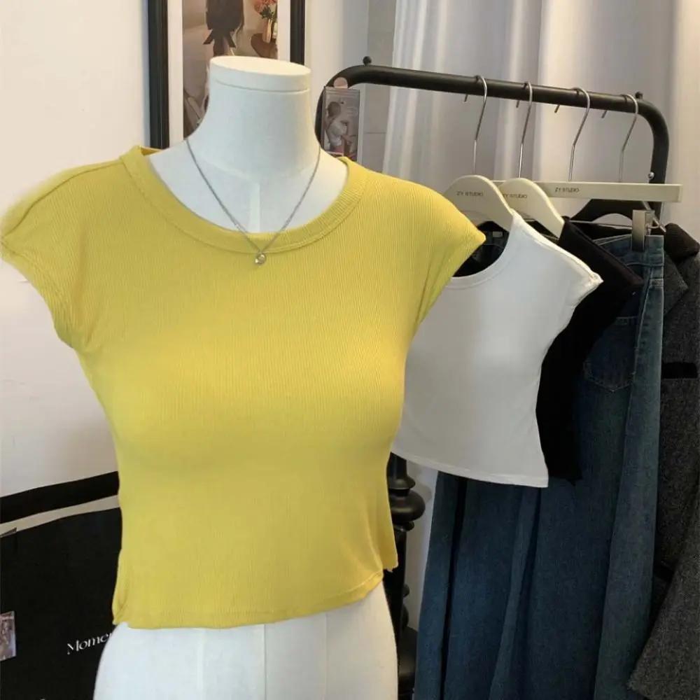 

Solid Color Hollow out Beauty Back T-shirt Y2k Round Neck Slim Crop Tops Bottoming Shirts Short Sleeve Vest with Pads Summer