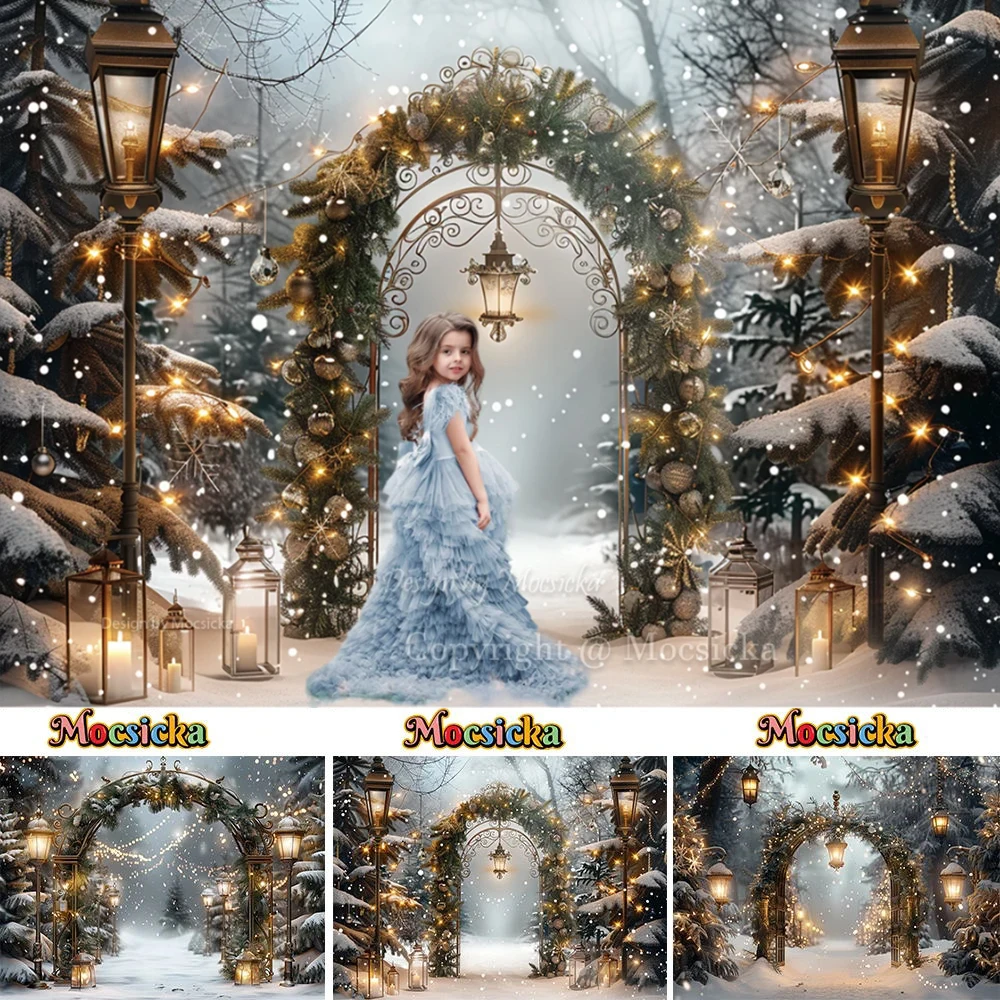 

Winter Photography Background Glitter Street Lights Christmas Arched Door Snowflakes Backdrop Kids Family Wonderland Photozone