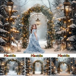 Winter Photography Background Glitter Street Lights Christmas Arched Door Snowflakes Backdrop Kids Family Wonderland Photozone