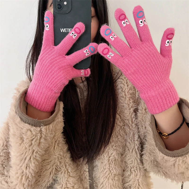 1 Pair Women\'s Funny Facial Expression Knitted Gloves Full Finger Gloves Soft Crochet Mittens Cartoon Expression Driving Glove