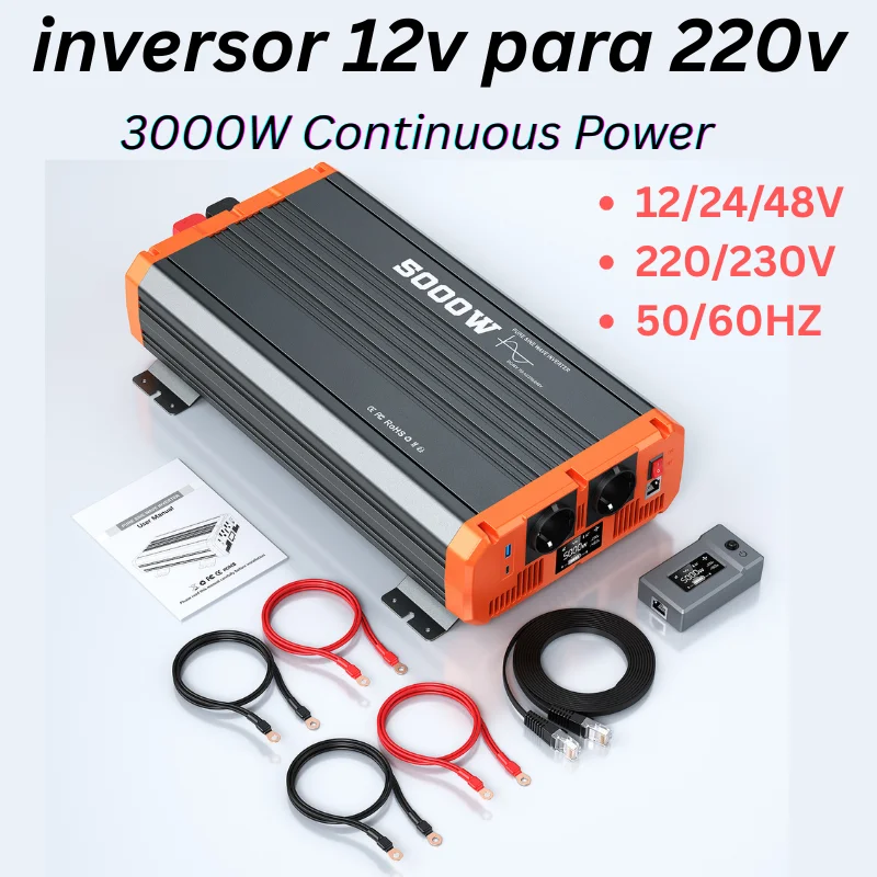 

3000W/6000W Pure Sine Wave Inverter 12V/24V/48V to 230V, LCD Display, Remote Control, for Home, Camping, RVs, Off-Grid Syst