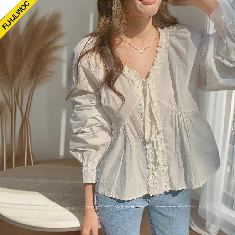 

Hot Chic Korea White Doll Shirt Design Women Bow Tie Sweet Cute Japan Girls Sweet Vintage Retro White Ruffles Tops Blouse Cotton