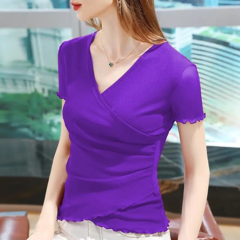 

Elegant V-Neck Spliced Gauze Folds T-Shirts Women's Clothing 2025 Summer New Slim Short Sleeve Korean Tops Office Lady Tee Shirt