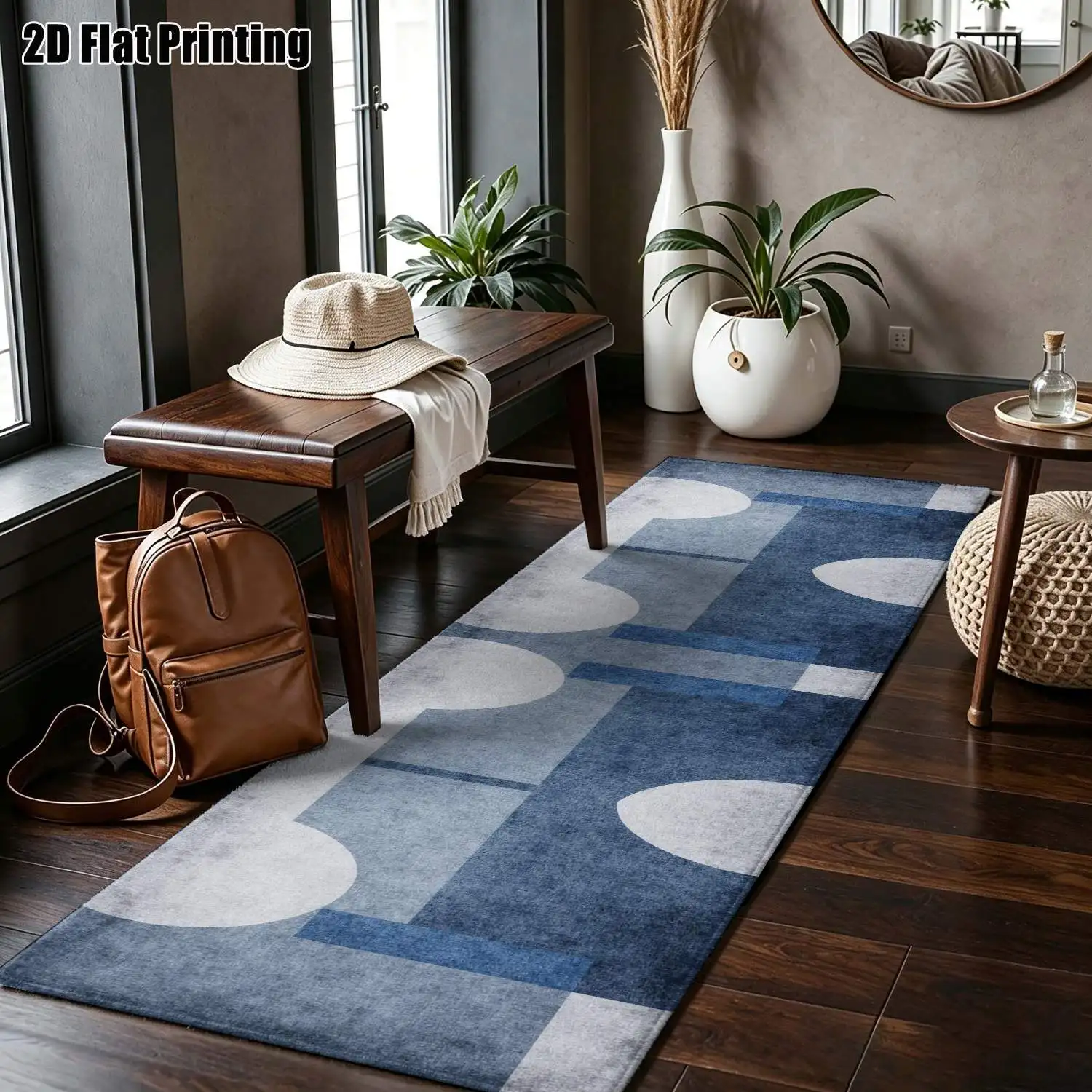 1Pc 2D Printed Strip Runway Carpet: Blue-Grey Geometric Nordic Modern Minimalist Design, Instagram-Inspired, Machine Washable, Multi-Size, Ideal for Entrance, Corridor, Living Room, Bedroom Home Decor