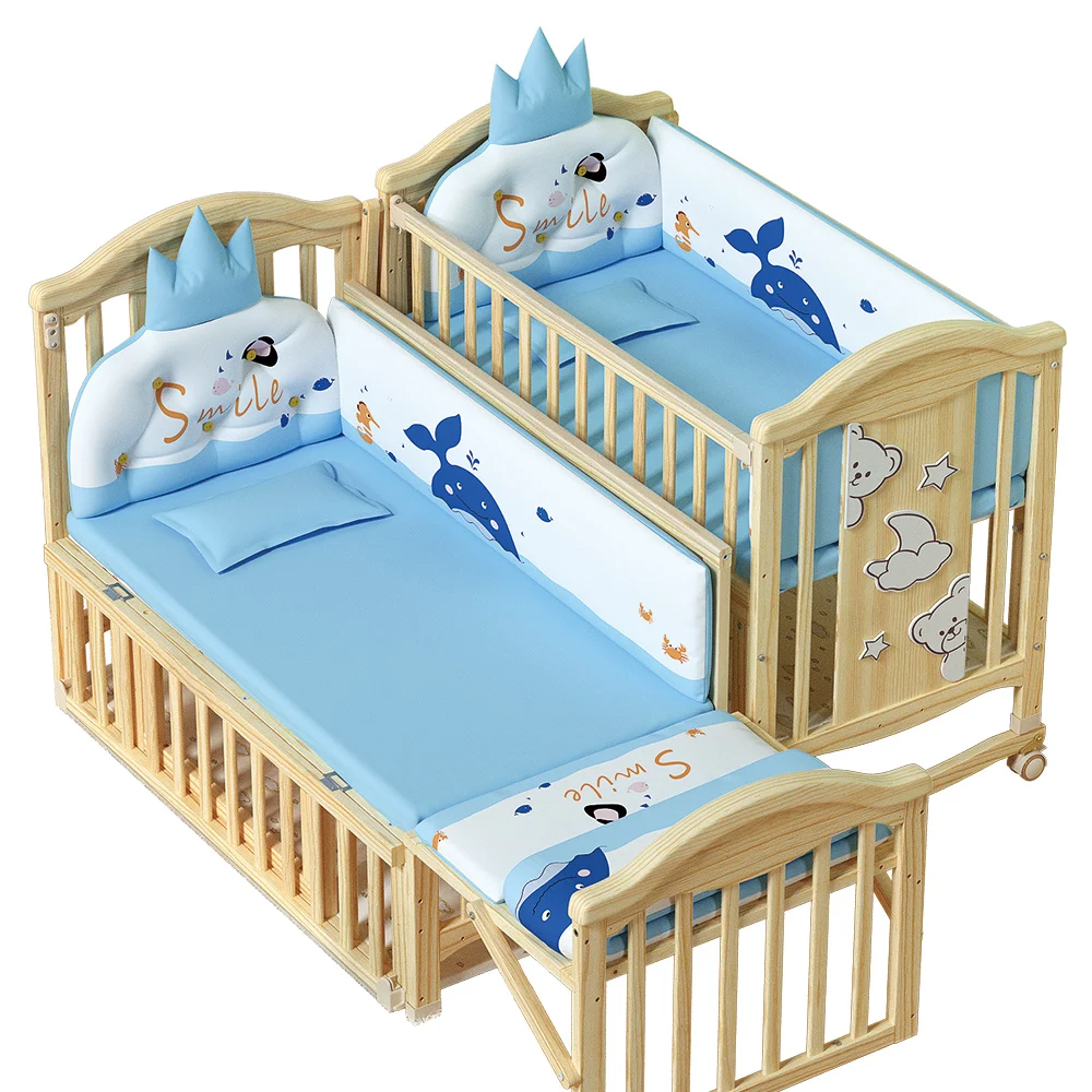 

2025 Modern Style Comfortable Wooden Children Beds Multifunctional Baby Cot Bed with Pure Cotton Bedding Set