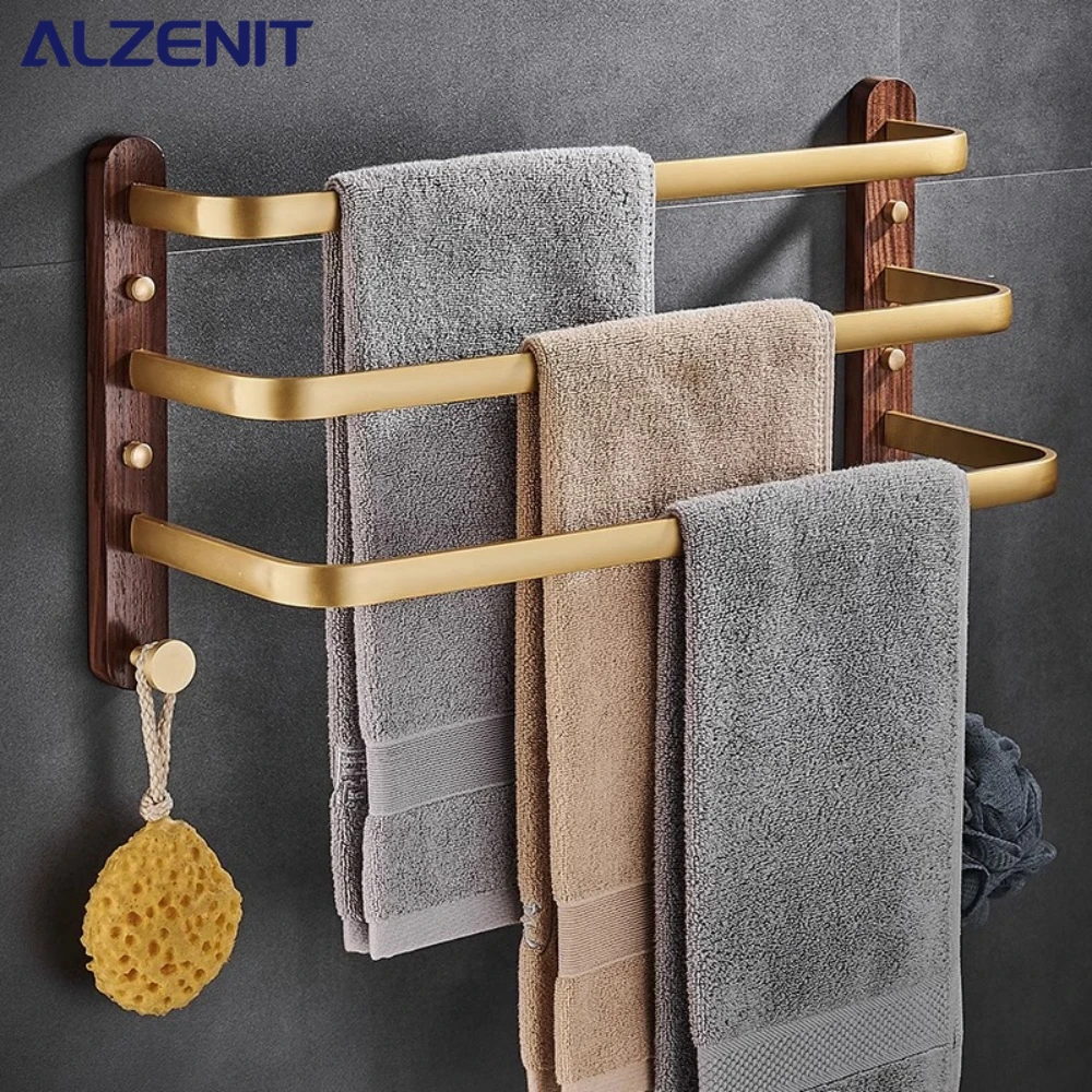 Light Luxury Gold Solid Wood Three Tier Towel Bar Bath Rack Bathroom Shelf Bathroom Hanging Rod Holder Accessories