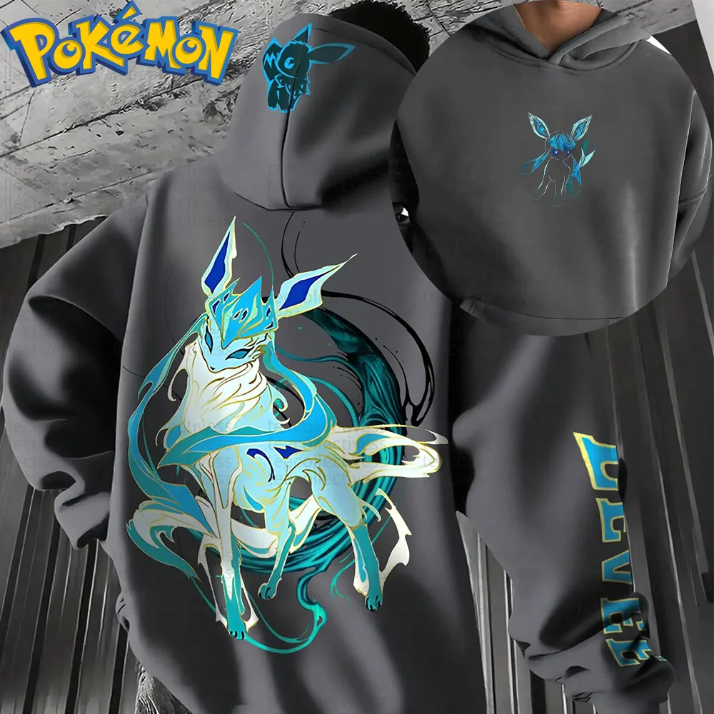 طقم سراويل هاراجوكو بغطاء للرأس من القطن من Pokemon Anime Eevee مطبوع عليه شخصية رمادية مع نمط دوامة أزرق وأخضر مكون من قطعتين ملابس غير رسمية