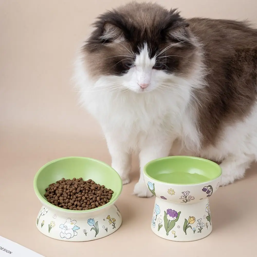 

Practical Green Rabbit Ceramic Cat Bowl Diagonal Non-Slip Pet Feeding Bowl Flower Pattern High Foot Drinking Bowl For Cat Dog