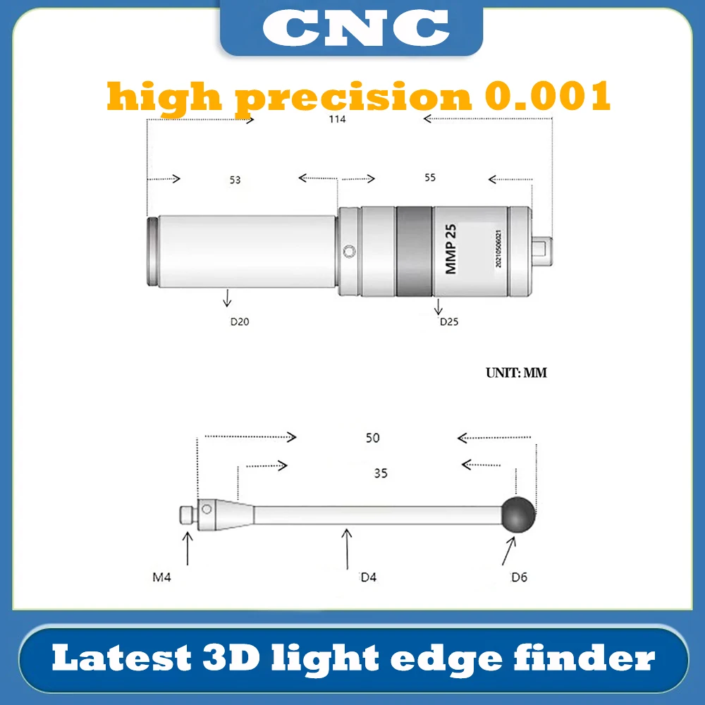 Neueste 3d mmp25 licht kanten finder cnc bearbeitungs zentrum sub-center stangen erkennungs sensor glühender klang hochpräzise 0,001mm