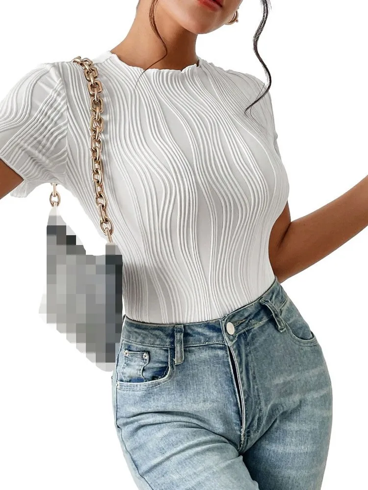 Ripple Texture Sexy Tight Fitting Jumpsuit For Spring Summer Sexy Top Casual Round Neck Wavy Short Sleeved Women's T-shirt
