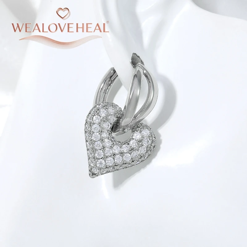 ohrringe, ohrringe damen, Rhodium-Plattierte Messing-Herz-Creolen für Damen mit Mikro-Pavé-Zirkonia für Tägliches Tragen, Valentinstag- und Geburtstagsgeschenk – Detail 20