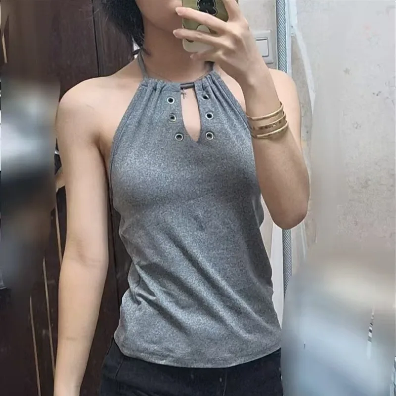 

Y2K 2000s Retro Harajuku Subculture Halter Vest American Vintage Punk Hottie Tanks Women's Goth Sexy Slim-fit Hollow Design Tops
