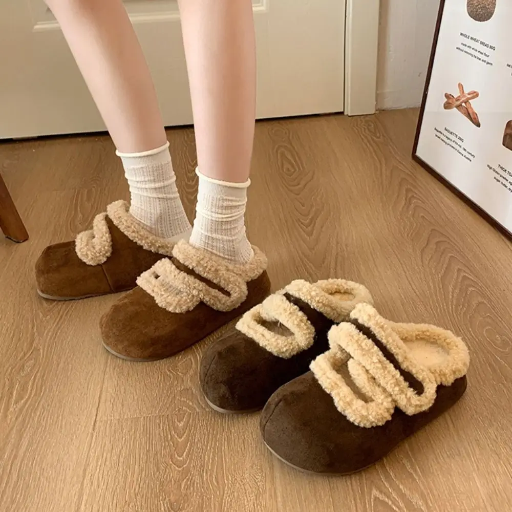 

Простые замшевые тапочки с круглой головкой, мягкие нескользящие тапочки из кораллового флиса, повседневные тапочки на толстой подошве, женские осенне-зимние тапочки