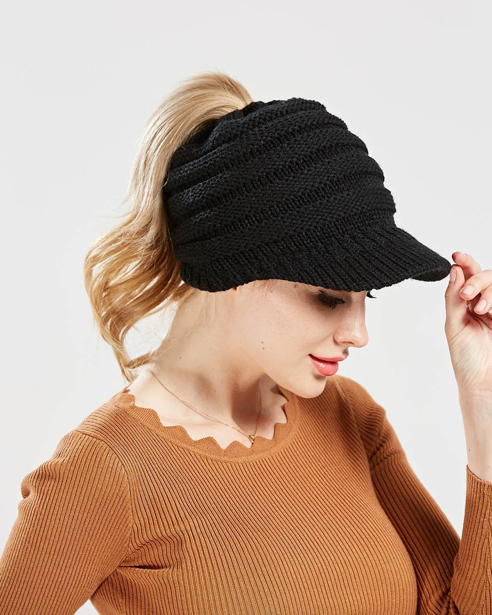 Skifahren Sport Hut Thermo Pferdeschwanz Hut für Frauen mit einer ausgehöhlten Krempe Schirmmütze Baseball Kappe Herbst und Winter Casual Hut – Detail 3