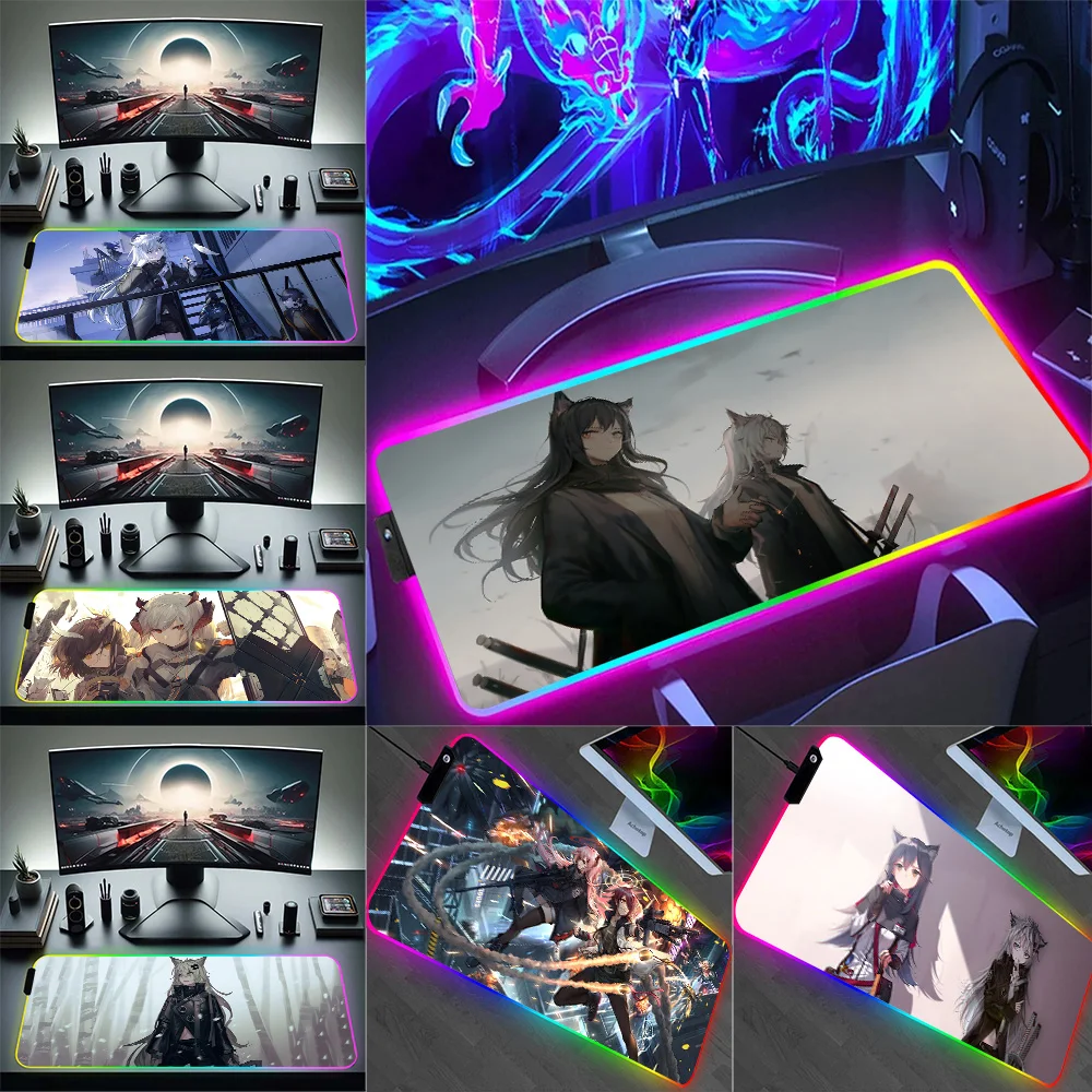 Anime Game Arknights RGB Pc Gamer Keyboard Mouse Pad Mousepad LED Glowing Mouse Mats Rubber Gaming Computer Mausepad