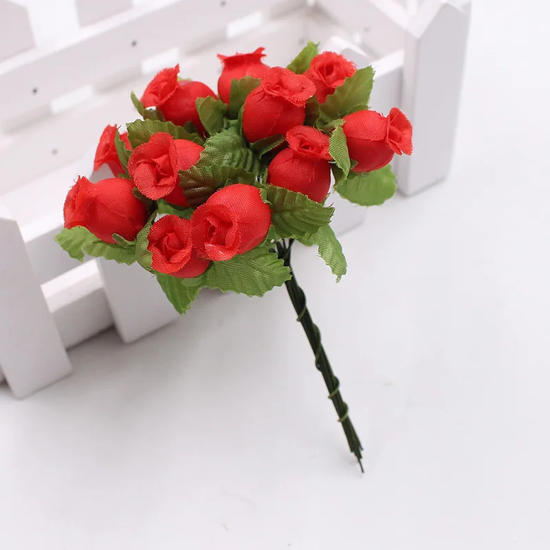 12 Heads Artificial Small Roses Silk Flowers Buds For Decoration Home Wedding Party DIY Gifts Box Christmas Garland