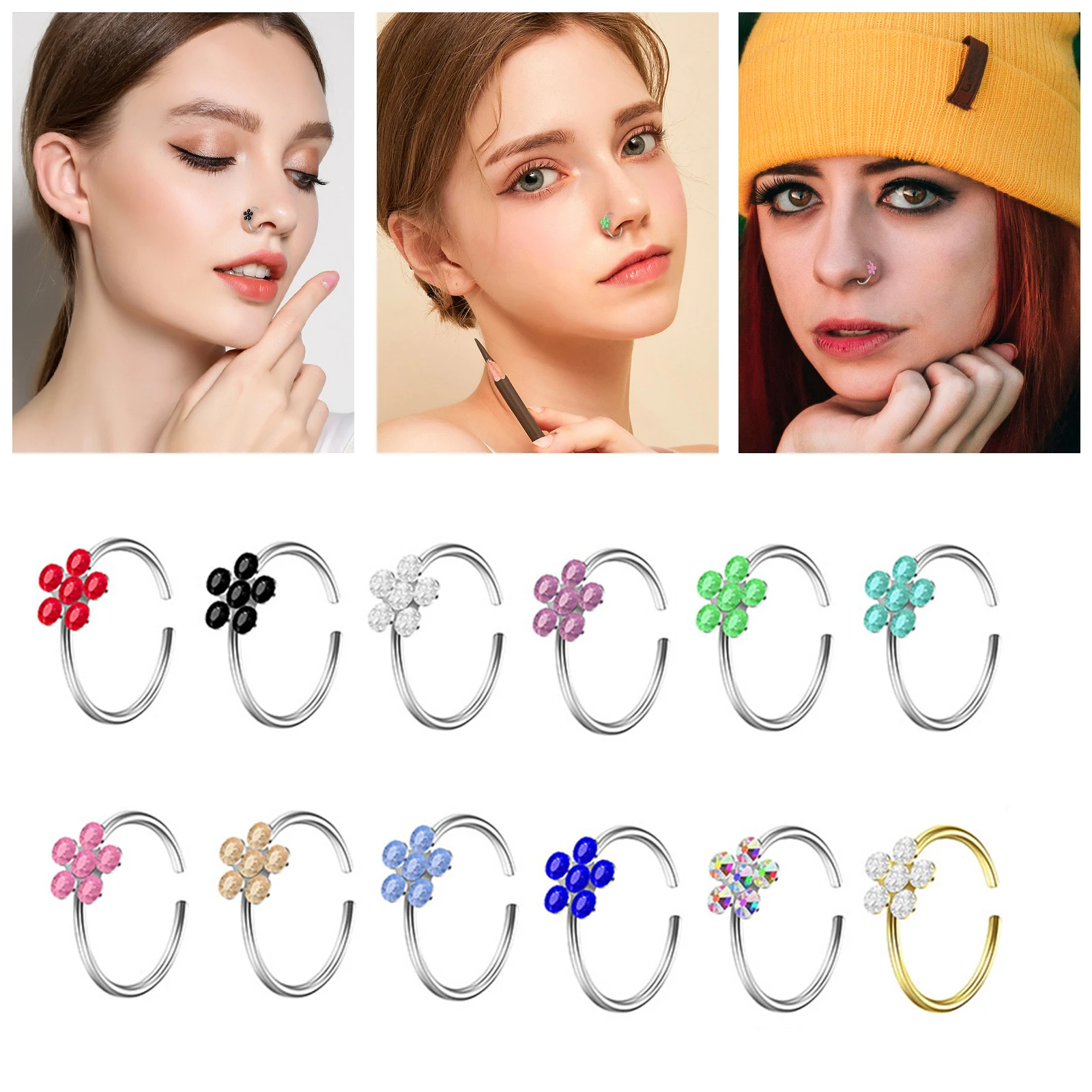 1pcs Exotic Floral Nose Rings - C-Shaped Stainless Steel Diamond Petal Hoops, Elegant Fake Septum Jewelry