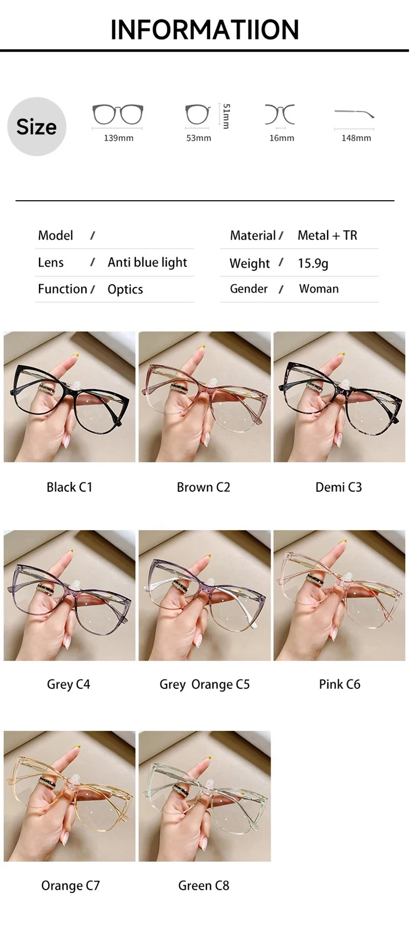 TOYEARN New Simple Fashion Large Cat Eye Frame Personalized Women's Anti-Blue Light Reading Glasses Customizable Prescription