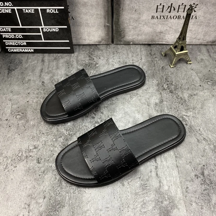 

Genuine Leather Men's Slippers Crocodile Grain Style Men Flip Flops High Quality Men Casual Shoes Beach Non-slip Male Slippers