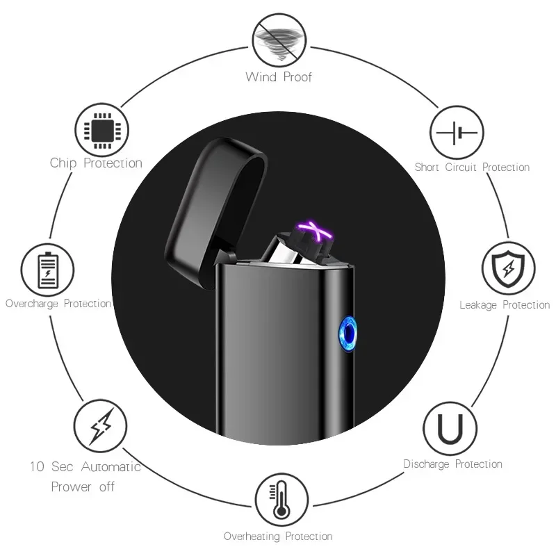 Mini Portable Plasma Pulse Arc Lighter, USB Charging, Touch Induction, Outdoor, Windproof, Flameless, Metal, Cigarette Gift, Men