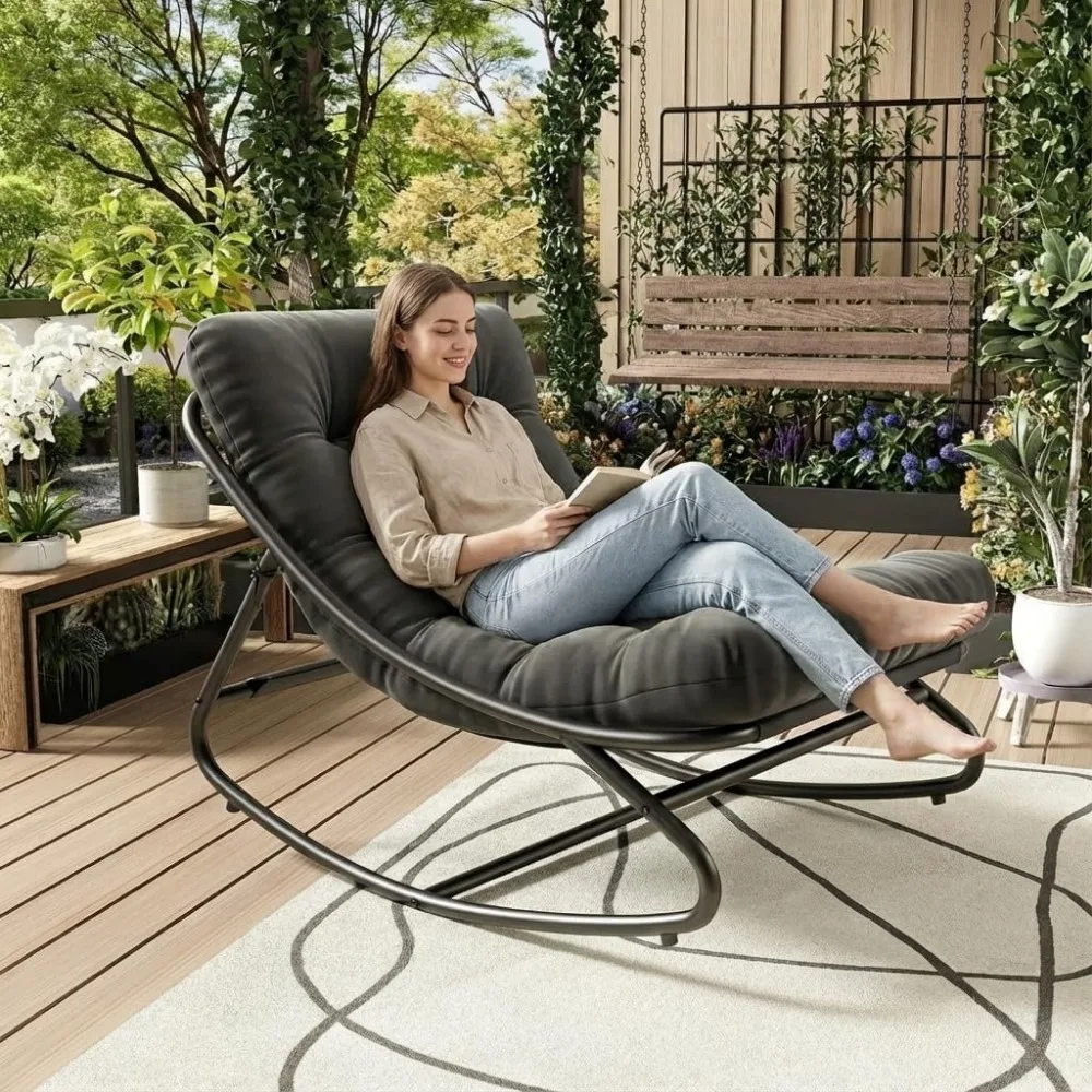 Metal Frame Rocking Chair with Adjustable Papasan, Waterproof Cushion, 450lbs Capacity for Patio, Porch, Garden, Dark Grey