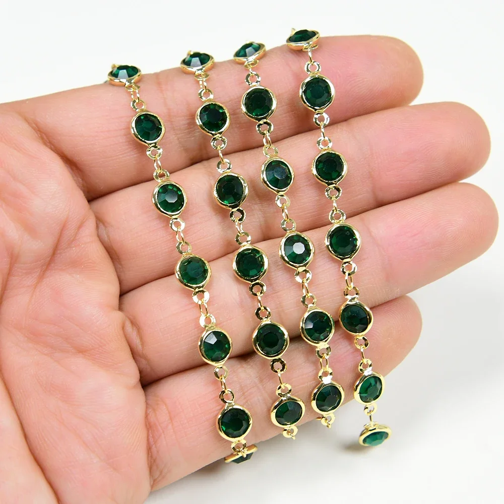 5 Meters Deep Green Crystal Beads Gold Plated Copper Rosary Chain Bezel Set Chain Paperclip Neck Necklace Making DIY