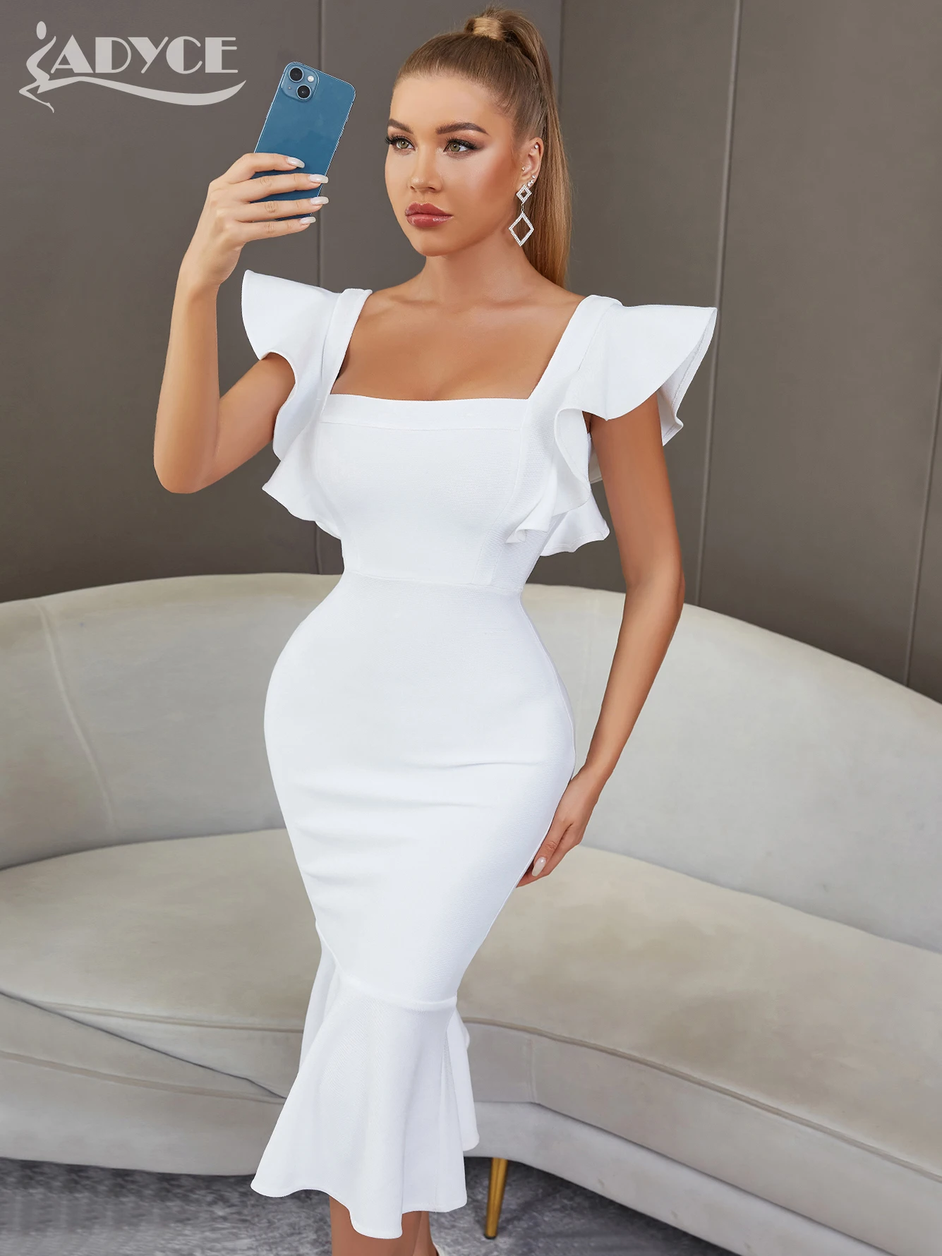 

Adyce Women's White Ruffles Trumpet Bandage Dress Summer Sexy Butterfly Sleeve Celebrity Club Wedding Party Midi Dress Vestidos