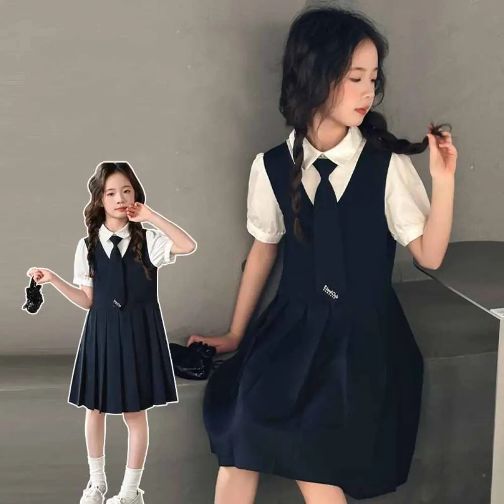 

Pleated Kids Fake Two Dress Preppy Style Teenagers Summer Girls Dresses Short Sleeve Skirts Children A-line Dress Students