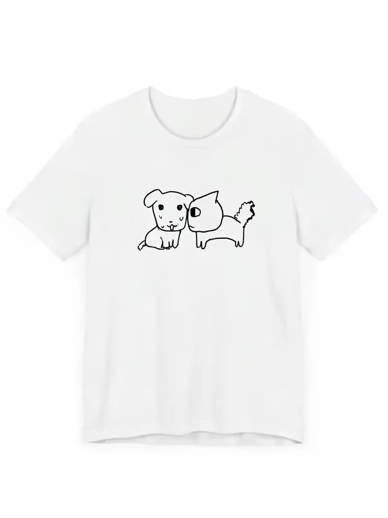 Cute Korean Fun Tee Dog Cat Graphic Top Minimalist Line Art Print Short Sleeve Casual Comfortable Soft Top Daily Wear for Women