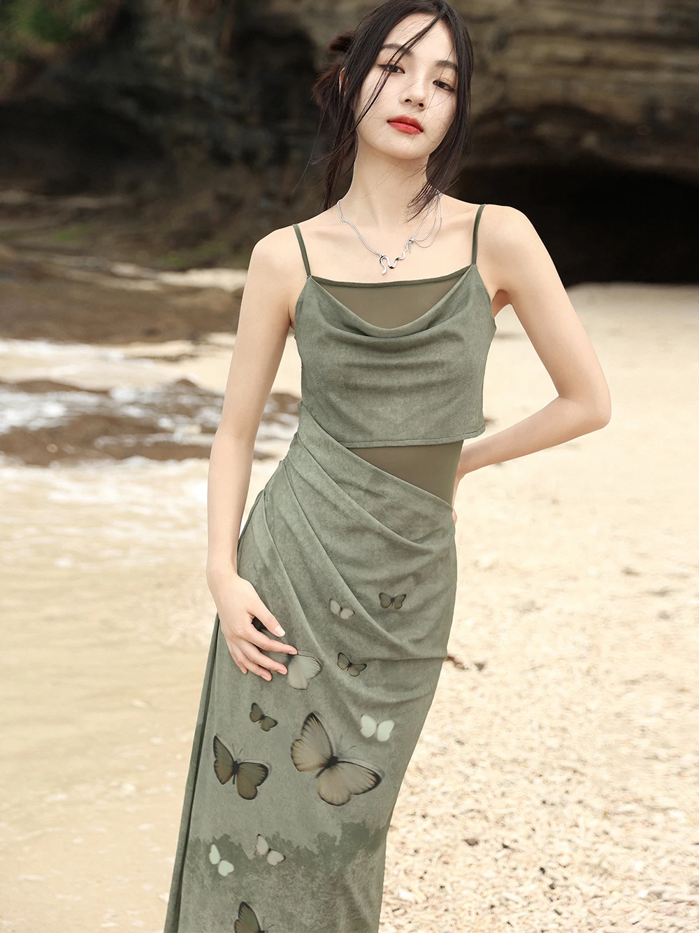 UMI MAO Sweet Cool Hanging Strap Dress per le donne Design unico Green Butterfly Print Slim Fit abiti lunghi Femme Y2K