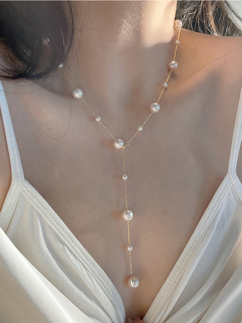 2025, neues Design, elegante Imitationsperlen-Quasten-Halskette mit mehreren Tragen, trendiges Schmuckzubehör für Frauen und Mädchen – Detail 3