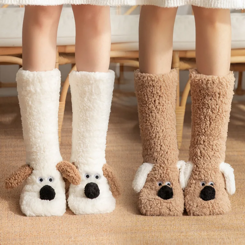 

Woman Floor Socks Anti Slip Indoor Snow Socks Plush And Thickened Sleep Coral Fleece Home Slippers Cartoon Dog Socks Adults