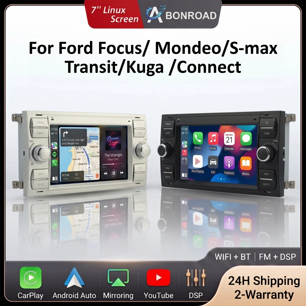 BONROAD Autoradio da 7 Pollici per Ford Focus Mondeo Fiesta Transit Kuga C-Max S-Max Galaxy con CarPlay Wireless, Android Auto, BT, Youtube, GPS, Navi, DSP, Stereo, Telecamera Posteriore